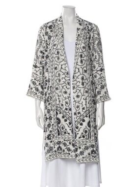 KOBI HALPERIN SUZETTE Embroidered Black White Open Duster Kimono $558 100% Silk